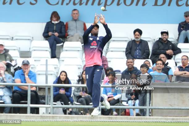 Delray Rawlins of ECB XI catches Shreyas Iyer during a tour match between ECB XI v India A at Headingley on June 17, 2018 in Leeds, England.