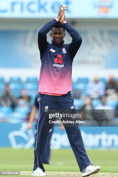 Delray Rawlins of ECB XI reacts to a save in the outfield during a tour match between ECB XI v India A at Headingley on June 17, 2018 in Leeds,...