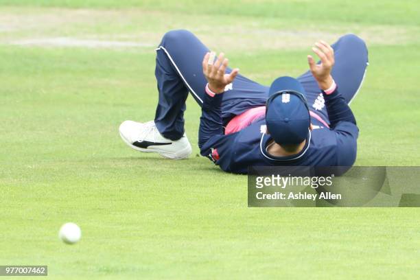 Will Jacks of ECB XI misfields during a tour match between ECB XI v India A at Headingley on June 17, 2018 in Leeds, England.