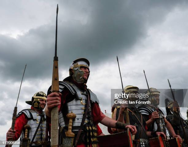Roman Army re-enactors practice their drill during the Frontline Sedgefield living history event on June 17, 2018 in Durham, England. Depicting...
