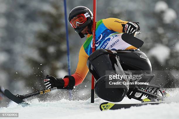 Josh Dueck of Canada competes in the Men's Sitting Slalom during Day 3 of the 2010 Vancouver Winter Paralympics at Whistler Creekside on March 14,...