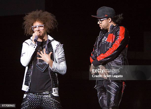 Red Foo and SkyBlu of LMFAO performs at the United Center on March 13, 2010 in Chicago, Illinois.