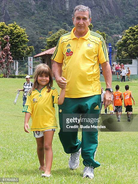 Head coach Parreira of Bafana Bafana with your granddaughter Leticia during a match against Fluminense as part of the South Africa national soccer...