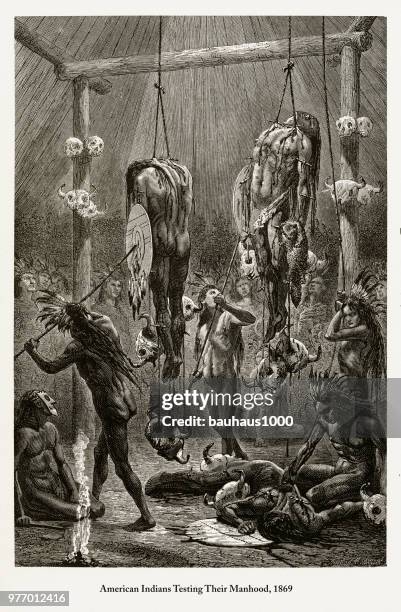 stockillustraties, clipart, cartoons en iconen met testen hun mannelijkheid, amerikaanse indianen gravure, 1869 - native americans 1800s