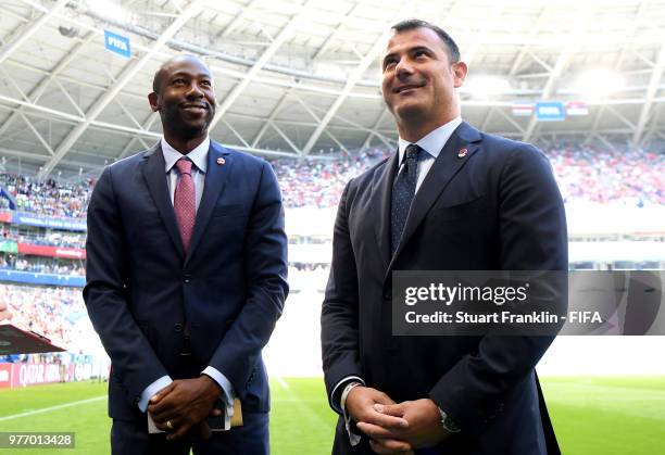 Legends Paulo Wanchope of Costa Rica and Dejan Stankovic of Serbia pose during the 2018 FIFA World Cup Russia group E match between Costa Rica and...