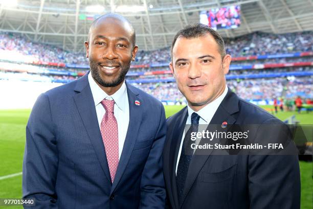 Legends Paulo Wanchope of Costa Rica and Dejan Stankovic of Serbia pose during the 2018 FIFA World Cup Russia group E match between Costa Rica and...