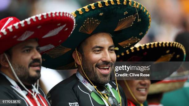 Fans of Mexico enjoy the pre match atmosphere prior to the 2018 FIFA World Cup Russia group F match between Germany and Mexico at Luzhniki Stadium on...