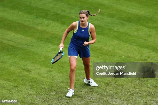 Katy Dunne of Great Britain celebrates a point during her second round qualifying match against Jodie Burrage of Great Britain during day two of the...