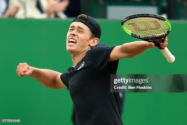 Alex De Minaur of Australia celebrates victory in the Mens Singles Final during Day Nine of the Nature Valley Open at Nottingham Tennis Centre on...