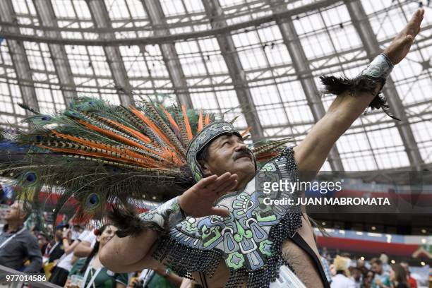 Mexico supporter gestures prior to the Russia 2018 World Cup Group F football match between Germany and Mexico at the Luzhniki Stadium in Moscow on...