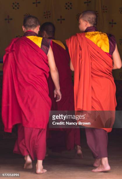 buddhist monks in kyichhu temple in bhutan. - circa 7th century stock pictures, royalty-free photos & images