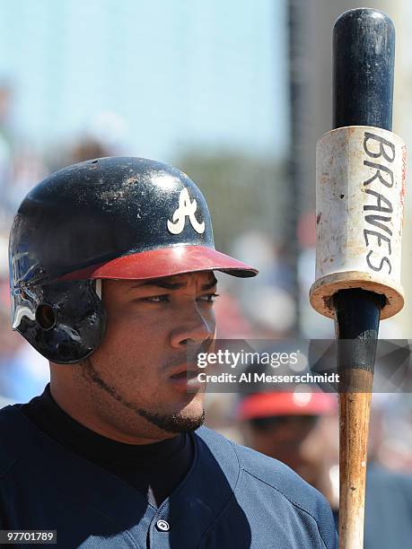 Outfielder Melky Cabrera of the Atlanta Braves sets to bat against the Toronto Blue Jays March 14, 2010 at the Dunedin Stadium in Dunedin, Florida.