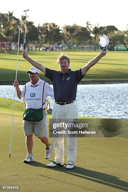 Ernie Els of South Africa celebrates after winning the final round of the 2010 WGC-CA Championship at the TPC Blue Monster at Doral on March 14, 2010...