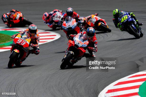 Marc Marquez, Jorge Lorenzo, Andrea Iannone, Valentino Rossi, after the race start, during the Catalunya Motorcycle Grand Prix at Circuit de...