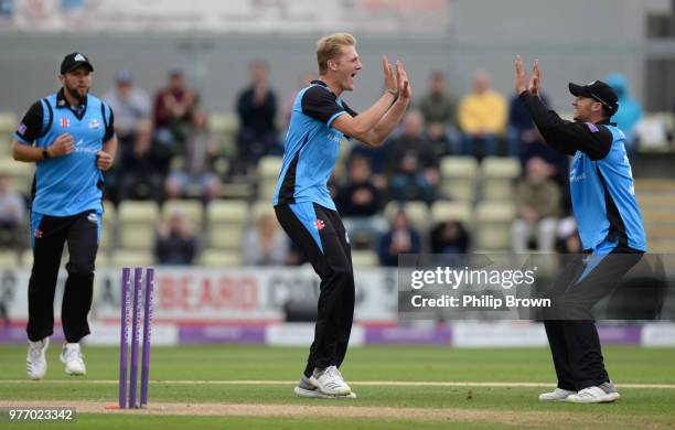 Dillon Pennington of Worcestershire Rapids celebrates after the dismissal of Daniel Bell-Drummond during the Royal London One-Day Cup Semi-Final...