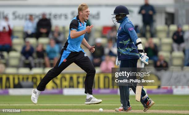 Dillon Pennington of Worcestershire Rapids celebrates after the dismissal of Daniel Bell-Drummond during the Royal London One-Day Cup Semi-Final...