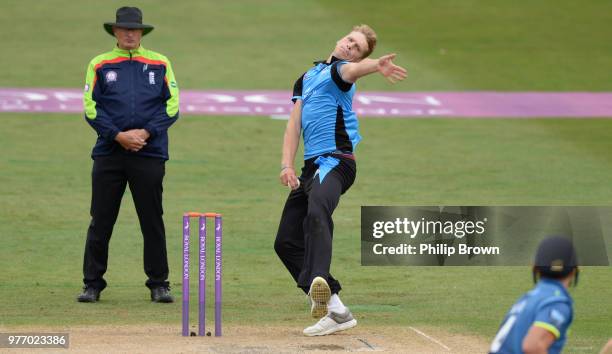 Dillon Pennington of Worcestershire Rapids bowls during the Royal London One-Day Cup Semi-Final match between Worcestershire Rapids and Kent at New...