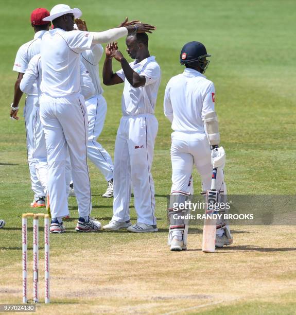 Kemar Roach of West Indies celebrates the dismissal of Mahela Udawatte of Sri Lanka during day 4 of the 2nd Test between West Indies and Sri Lanka at...