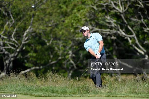 Patrick Cantlay of the United States plays his second shot on the second hole during the final round of the 2018 U.S. Open at Shinnecock Hills Golf...