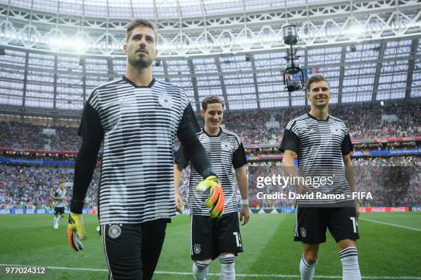 Kevin Trapp, Sebastian Rudy, and Leon Goretzka of Germany leave the pitch following their warm up prior to the 2018 FIFA World Cup Russia group F...