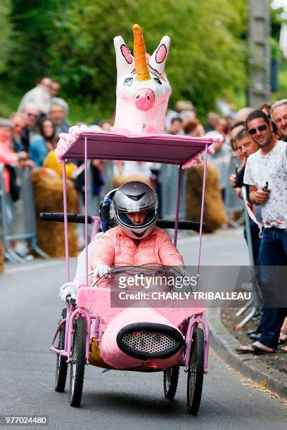 Participant competes during a soap box derby in Colombelles, near Caen, northwestern France, on June 17, 2018.