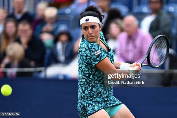 Ons Jabeur of Tunisia in action in the Womens Singles Final during Finals Day of the Fuzion 100 Manchester Trophy at The Northern Lawn Tennis Club on...