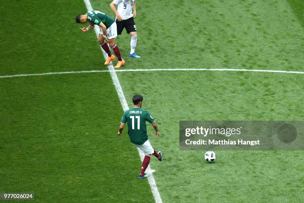 Carlos Vela of Mexico passes the ball for kick off during the 2018 FIFA World Cup Russia group F match between Germany and Mexico at Luzhniki Stadium...