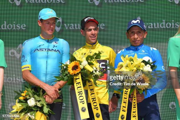 Podium / Jakob Fuglsang of Denmark and Astana Pro Team / Richie Porte of Australia and BMC Racing Team Yellow Leader Jersey / Nairo Quintana of...