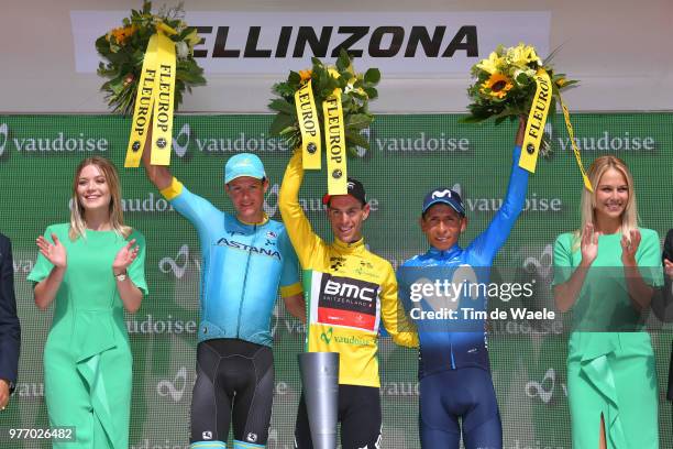 Podium / Jakob Fuglsang of Denmark and Astana Pro Team / Richie Porte of Australia and BMC Racing Team Yellow Leader Jersey / Nairo Quintana of...