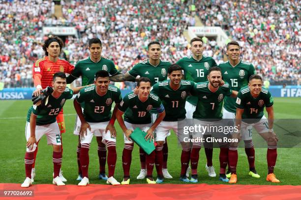 The Mexico team pose for a team photo prior to the 2018 FIFA World Cup Russia group F match between Germany and Mexico at Luzhniki Stadium on June...