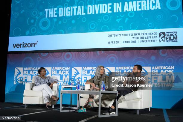 Mimi Valdes and Jesse Williams speak on stage at the ABFF Talks : With A Net: The Digital Divide in America at Loews Miami Beach Hotel during the...