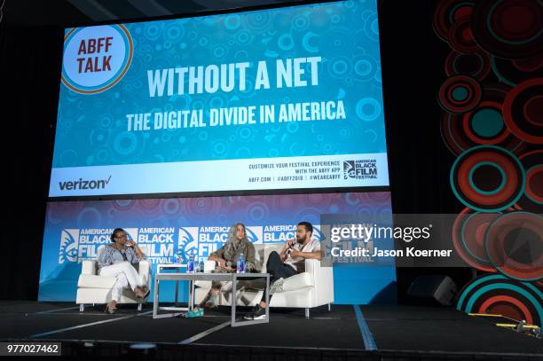 Mimi Valdes and Jesse Williams speak on stage at the ABFF Talks : With A Net: The Digital Divide in America at Loews Miami Beach Hotel during the...