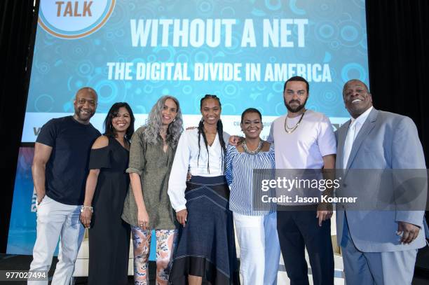 Jeff Friday, Mimi Valdes, Nicole Friday and Jesse Williams pose for a photo on stage at the ABFF Talks : With A Net: The Digital Divide in America at...