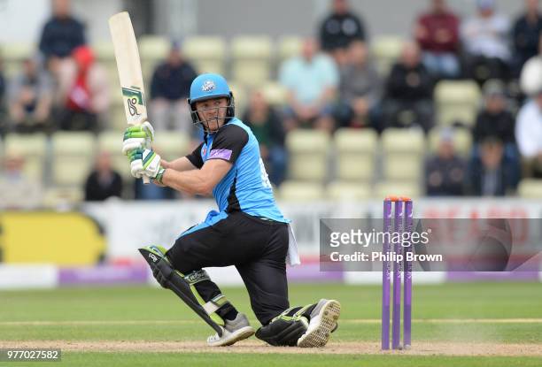 Ben Cox of Worcestershire Rapids hits out during the Royal London One-Day Cup Semi-Final match between Worcestershire Rapids and Kent at New Road on...