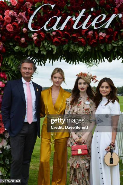 Laurent Feniou, Martha Hunt, Lily Collins and Jenna Coleman attend the Cartier Queen's Cup Polo Final at Guards Polo Club on June 17, 2018 in Egham,...