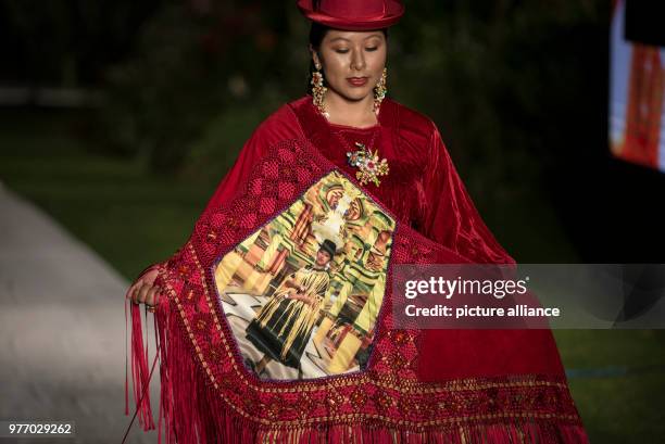 April 2018, Bolivia, La Paz: A model presenting a creation from Ana Palza. The fashion show took place in honour of the Bolivian architect Mamani....