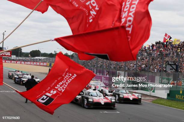 Race winners The Toyota Gazoo Racing TS050 Hybrid of Sebastien Buemi, Kazuki Nakajima, and Fernando Alonso leads second placed The Toyota Gazoo...