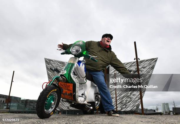 William from Scotland poses with his custom Buckfast Tonic Wine Vespa as the 2018 Vespa International World Days event takes place at the Titanic...