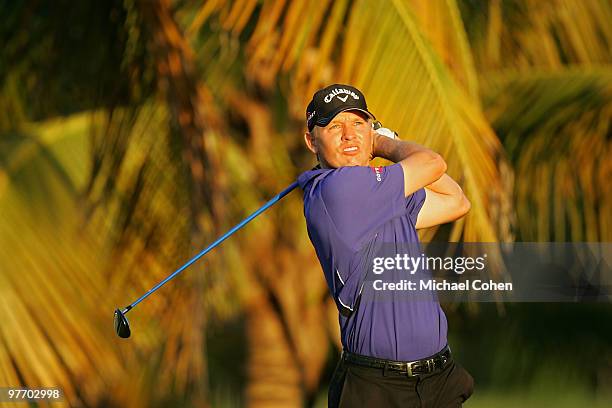 Derek Lamely hits his shot on the third tee during the third round of the Puerto Rico Open presented by Banco Popular at Trump International Golf...