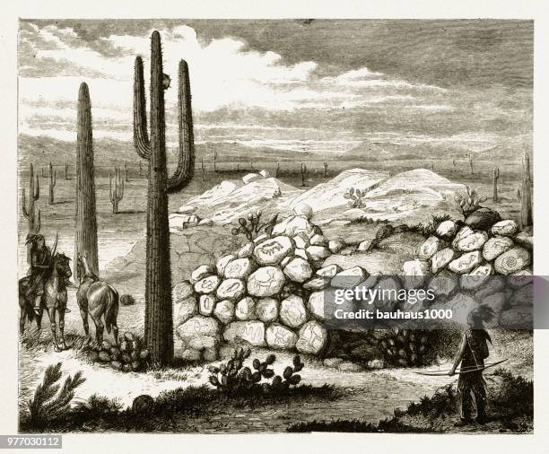 ilustrações de stock, clip art, desenhos animados e ícones de decorated rocks monument in arizona, american indian engraving, 1877 - cato