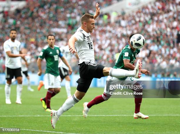 Joshua Kimmich of Germany controls the ball during the 2018 FIFA World Cup Russia group F match between Germany and Mexico at Luzhniki Stadium on...