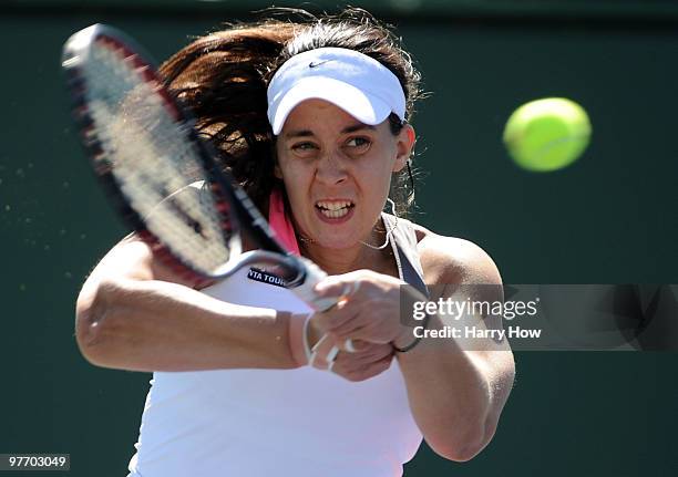 Marion Bartoli of France hits a forehand in during her match against Jill Craybas of USA during the BNP Paribas Open at the Indian Wells Tennis...