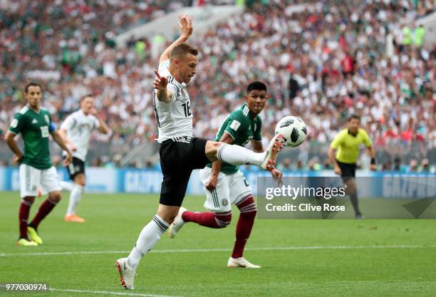 Joshua Kimmich of Germany controls the ball during the 2018 FIFA World Cup Russia group F match between Germany and Mexico at Luzhniki Stadium on...