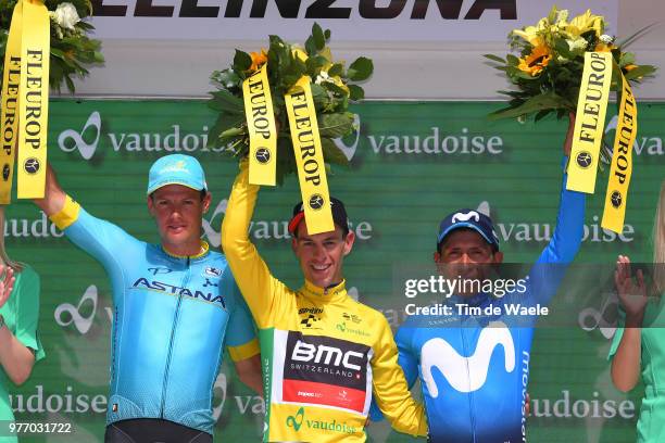 Podium / Jakob Fuglsang of Denmark and Astana Pro Team / Richie Porte of Australia and BMC Racing Team Yellow Leader Jersey / Nairo Quintana of...