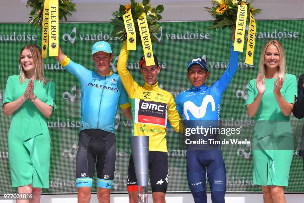 Podium / Jakob Fuglsang of Denmark and Astana Pro Team / Richie Porte of Australia and BMC Racing Team Yellow Leader Jersey / Nairo Quintana of...