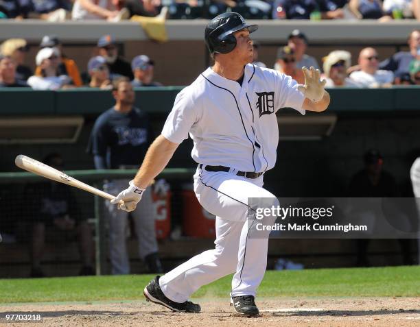 Brennan Boesch of the Detroit Tigers bats against the Tampa Bay Rays during the spring training game at Joker Marchant Stadium on March 14, 2010 in...