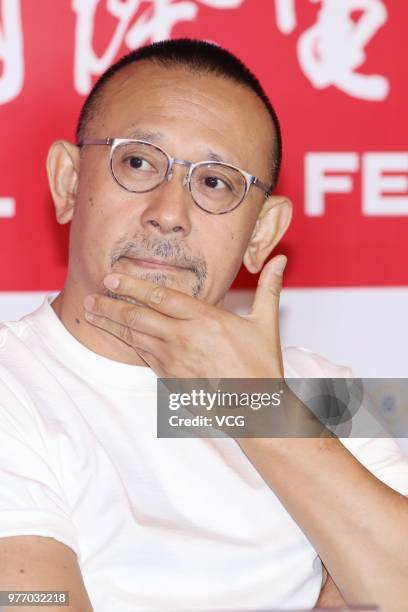 Chinese director Jiang Wen attends a press conference of the jury for the 21st SIFF Golden Goblet Awards during the 21st Shanghai International Film...