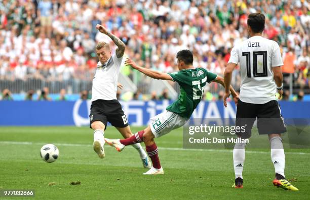 Hirving Lozano of Mexico scores the opening goal during the 2018 FIFA World Cup Russia group F match between Germany and Mexico at Luzhniki Stadium...