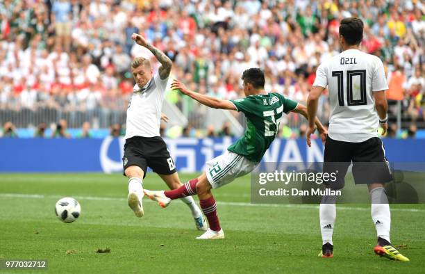 Hirving Lozano of Mexico scores his team's first goal during the 2018 FIFA World Cup Russia group F match between Germany and Mexico at Luzhniki...