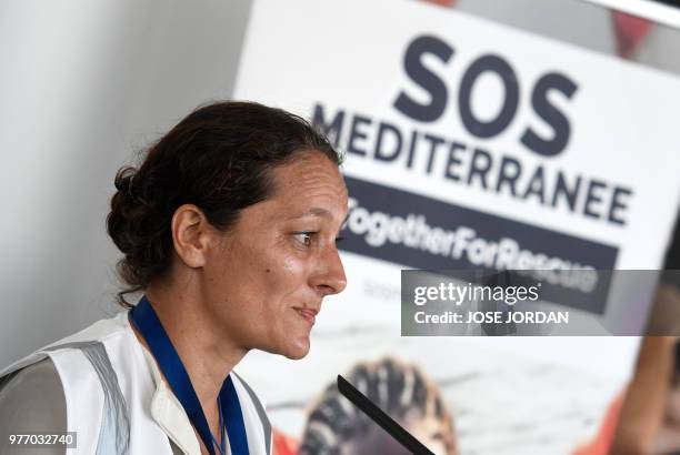 Mediterranee co-founder and vice-president Sophie Beau gives a press conference after the arrival of the Aquarius rescue ship, operated by SOS...